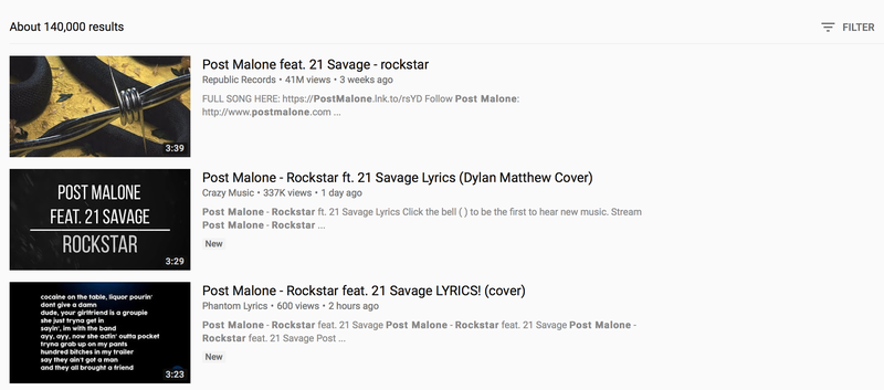 Screenshot of YouTube Search of “Post Malone Rockstar”